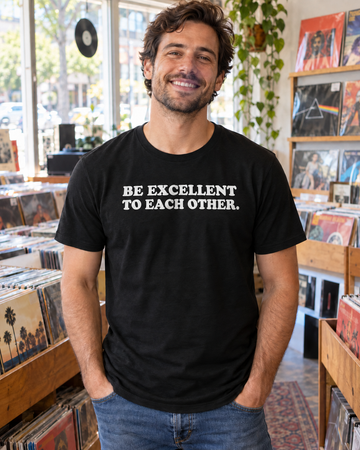 AI-generated lifestyle visualization of a man wearing the black tri-blend Be Excellent to Each Other quote T-shirt in a neighborhood record store