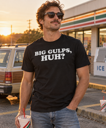 AI-generated lifestyle visualization of a person wearing the black tri-blend Big Gulps, Huh? quote T-shirt outside a roadside convenience store