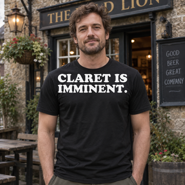 AI-generated lifestyle visualization of a person wearing the Claret Is Imminent black quote T-shirt outside a neighborhood pub