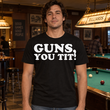 AI-generated lifestyle visualization of a person wearing the Guns, You Tit! black quote T-shirt in a neighborhood billiards hall