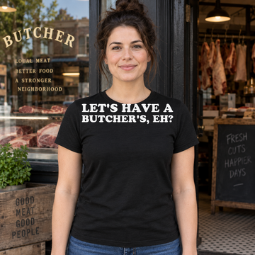 AI-generated lifestyle visualization of a person wearing the Let's Have a Butcher's black quote T-shirt outside a butcher shop