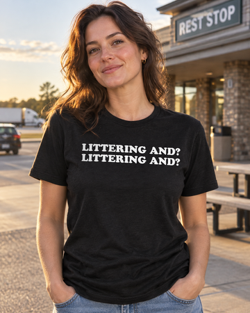 AI-generated lifestyle visualization of a person wearing the Littering and? Littering and? black tri-blend quote T-shirt in a casual roadside rest stop with warm late-afternoon light