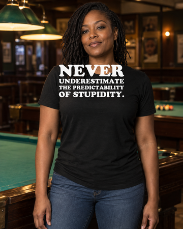 AI-generated lifestyle visualization of a person wearing the You Should Never Underestimate the Predictability of Stupidity. black tri-blend quote T-shirt in a vintage billiards hall