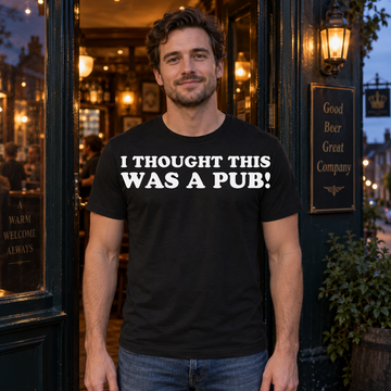 AI-generated lifestyle visualization of a person wearing the I Thought This Was a Pub black quote T-shirt in a pub doorway