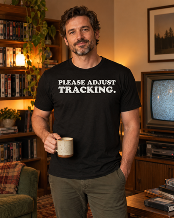 AI-generated lifestyle visualization of a person wearing the Please Adjust Tracking. black tri-blend quote T-shirt in cozy analog media room with a different adult man beside a generic vintage television and VHS deck, warm evening light, no visible brands, and the full blank black T-shirt front unobstructed