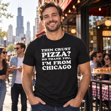 AI-generated lifestyle visualization: person wearing the black tri-blend Thin Crust Pizza? No Thank You, I'm From Chicago quote T-shirt outside a Chicago pizzeria