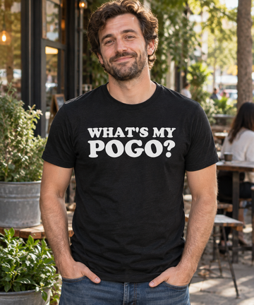 AI-generated lifestyle visualization: person wearing the black tri-blend What's My POGO? quote T-shirt at a neighborhood coffee-shop patio
