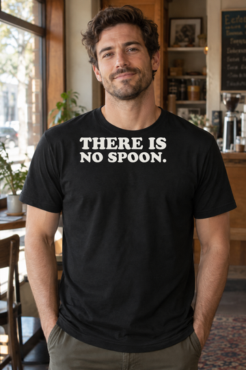 AI-generated lifestyle visualization of a person wearing the black tri-blend There Is No Spoon. quote T-shirt in late-1990s independent coffee shop with a different adult model, natural window light, no franchise imagery, and an unobstructed black T-shirt front