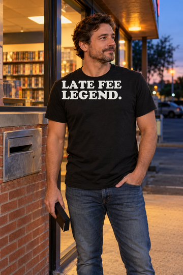 AI-generated lifestyle visualization of a person wearing the black tri-blend Late Fee Legend. quote T-shirt in outside a neighborhood video rental store at dusk with an adult man holding one generic tape case, natural storefront light, no visible brands, and the full blank black T-shirt front unobstructed