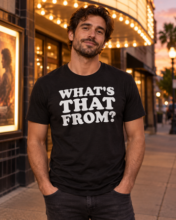 AI-generated lifestyle visualization: person wearing the black tri-blend What's That From? Quote Club T-shirt outside a neighborhood movie theater