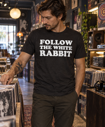 AI-generated lifestyle visualization: person wearing the black tri-blend Follow the White Rabbit quote T-shirt in an independent record shop