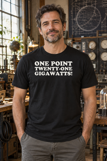 AI-generated lifestyle visualization: person wearing the black tri-blend One Point Twenty-One Gigawatts! quote T-shirt in retro science museum workshop with analog gauges, coiled cables, and no recognizable franchise props