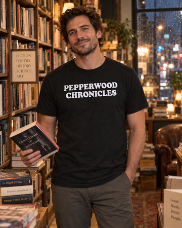 AI-generated lifestyle visualization: person wearing the black tri-blend Pepperwood Chronicles quote T-shirt in an independent used bookstore