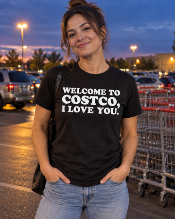 AI-generated lifestyle visualization: person wearing the black tri-blend Welcome to Costco, I Love You. quote T-shirt in a warehouse-store parking lot with oversized carts, sodium-vapor dusk light, and no visible brand signage