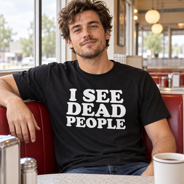 AI lifestyle visualization: person wearing a black tri-blend I See Dead People quote T-shirt