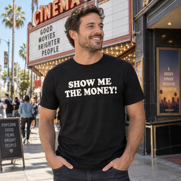 AI lifestyle visualization: person wearing a black tri-blend Show Me the Money! quote T-shirt
