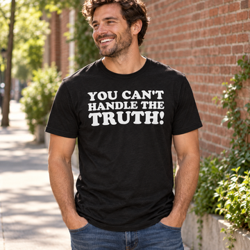 AI lifestyle visualization: person wearing a black tri-blend You Can't Handle the Truth! quote T-shirt