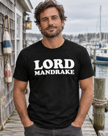 AI-generated lifestyle visualization: person wearing the black tri-blend Lord Mandrake quote T-shirt on a coastal marina walkway