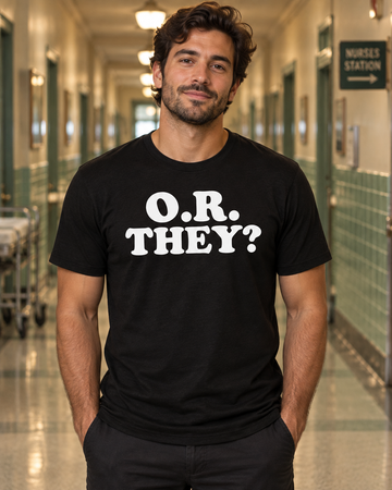 AI-generated lifestyle visualization: person wearing the black tri-blend O.R. They? quote T-shirt in a symmetrical old-school hospital corridor with muted green tile and warm practical lighting