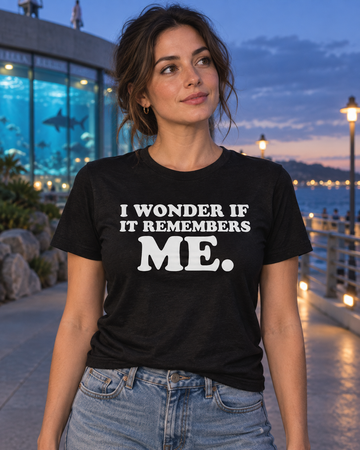 AI-generated lifestyle visualization: person wearing the black tri-blend I Wonder If It Remembers Me. quote T-shirt in a weathered seaside aquarium promenade at blue hour with centered railings and soft ocean light
