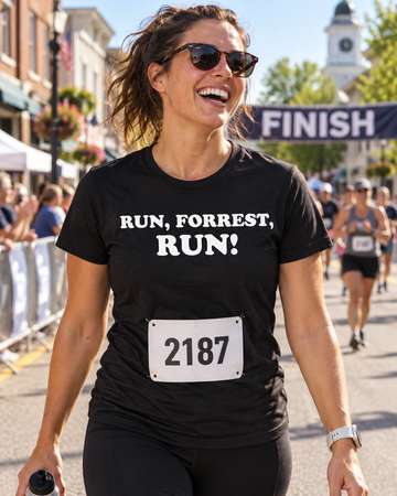 AI-generated lifestyle visualization: person wearing the black tri-blend Run, Forrest, Run! quote T-shirt in a small-town main street near a community fun run with clear morning daylight
