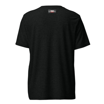 Broski Tees VHS logo at the back collar of a black tri-blend shirt, back hanger view