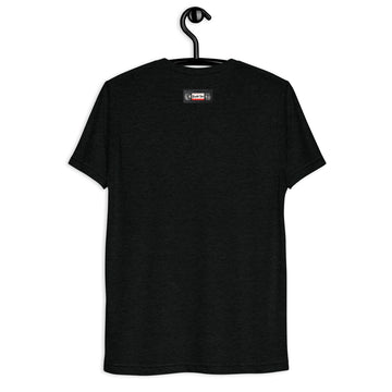 Back hanger mockup of the black tri-blend Omar Comin' quote T-shirt with Broski Tees VHS collar logo