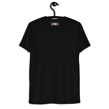 Back hanger mockup of the black tri-blend Smoke 'Em If You Got 'Em quote T-shirt with Broski Tees VHS collar logo