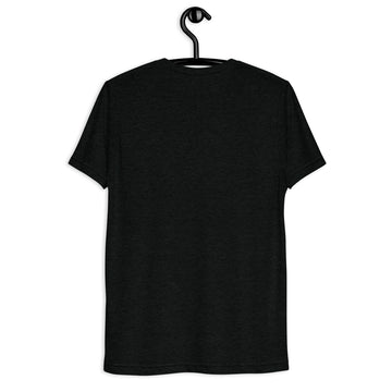 Back hanger view of black tri-blend shirt with Broski Tees VHS collar logo