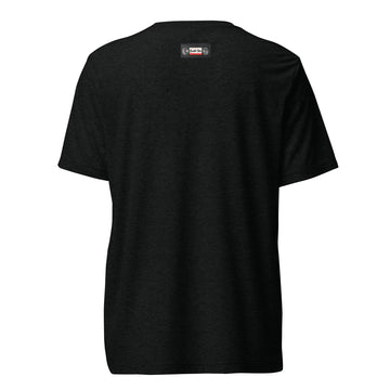 Back hanger view of black tri-blend shirt with Broski Tees VHS collar logo