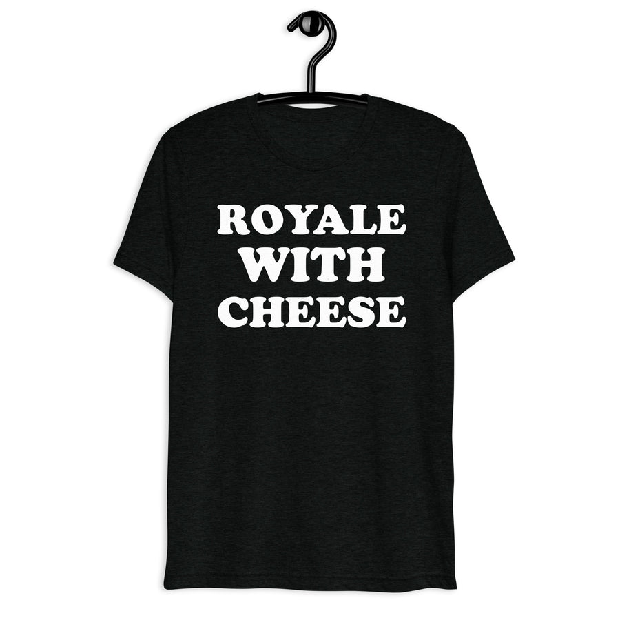 Royale with Cheese white quote print on black tri-blend t-shirt, front hanger view