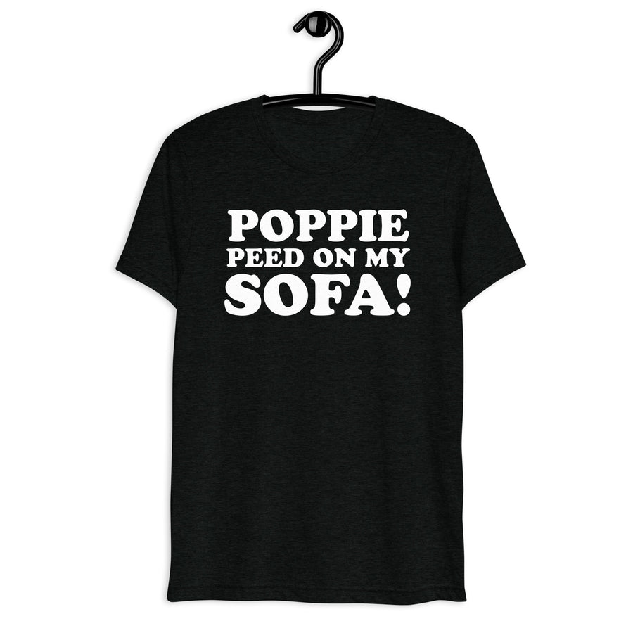 Black tri-blend shirt on front hanger with Poppie Peed on My Sofa! quote