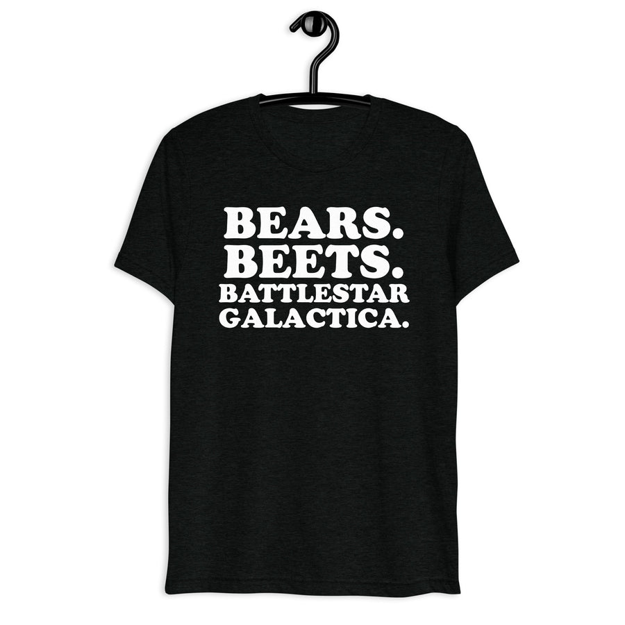 Black tri-blend shirt on front hanger with Bears. Beets. Battlestar Galactica. quote