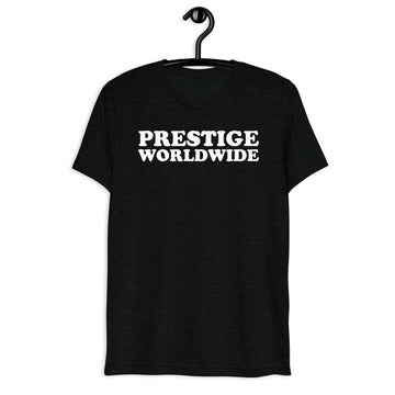 Prestige Worldwide white quote print on a black tri-blend t-shirt, front hanger view