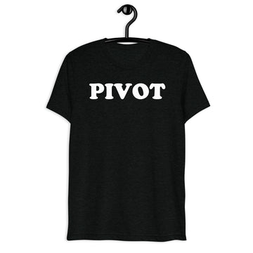 Pivot white quote print on a black tri-blend shirt, front hanger view