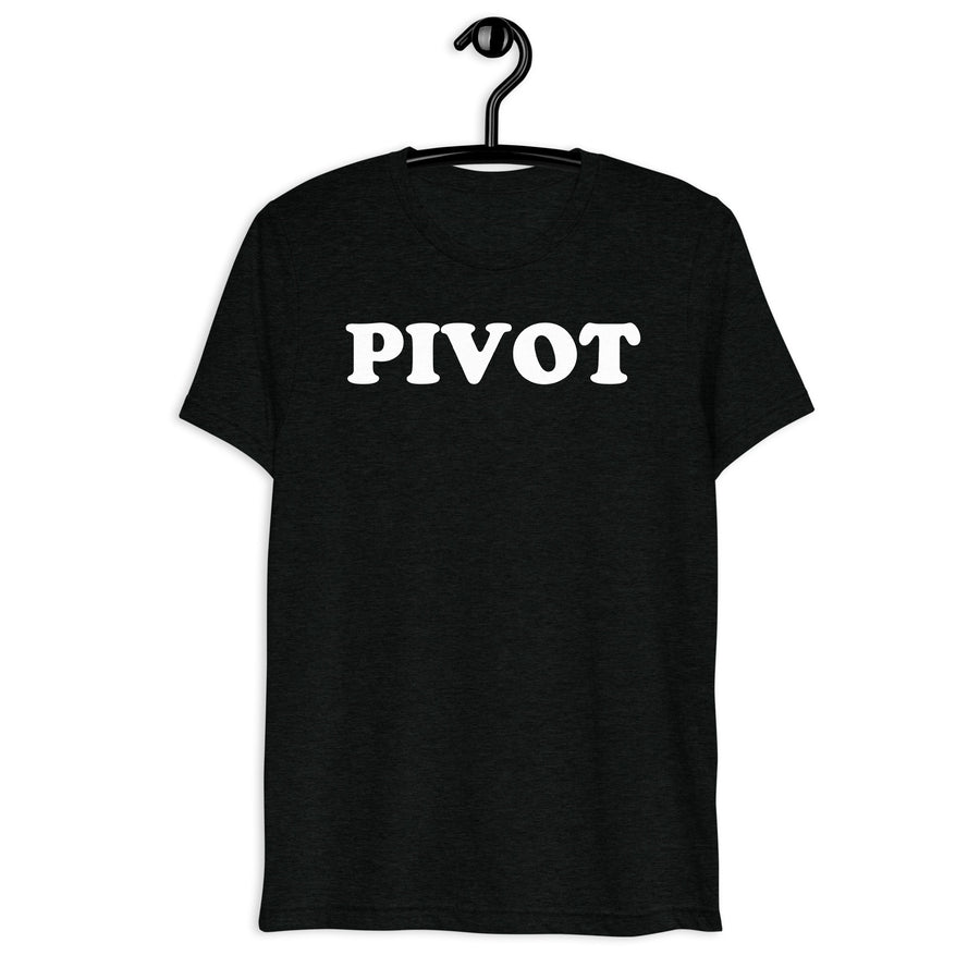 Pivot white quote print on a black tri-blend shirt, front hanger view