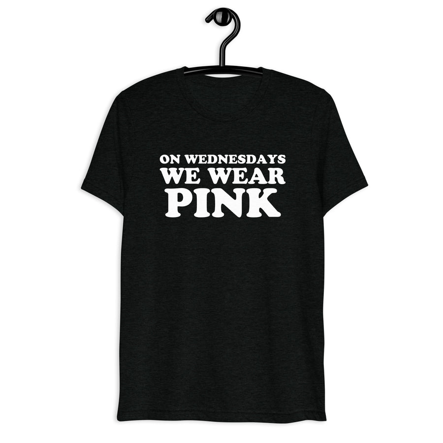 Black tri-blend shirt on front hanger with On Wednesdays We Wear Pink quote