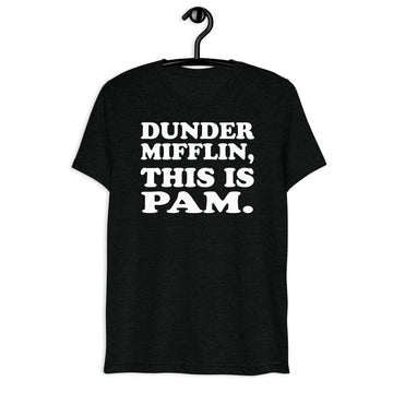 Black tri-blend shirt on front hanger with This Is Pam quote