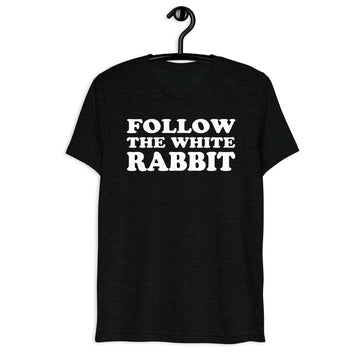 Front hanger mockup of the black tri-blend Follow the White Rabbit quote T-shirt