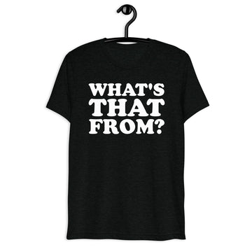 Front hanger mockup of the black tri-blend What's That From? Quote Club T-shirt