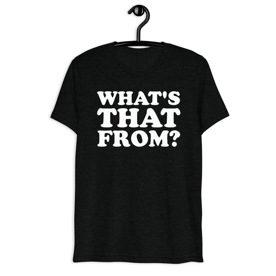 Front hanger mockup of the black tri-blend What's That From? Quote Club T-shirt