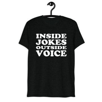 Front hanger mockup of the black tri-blend Inside Jokes Outside Voice Quote Club T-shirt