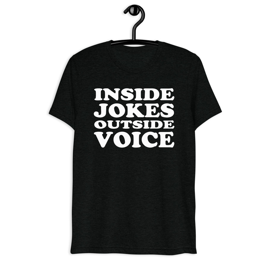 Front hanger mockup of the black tri-blend Inside Jokes Outside Voice Quote Club T-shirt