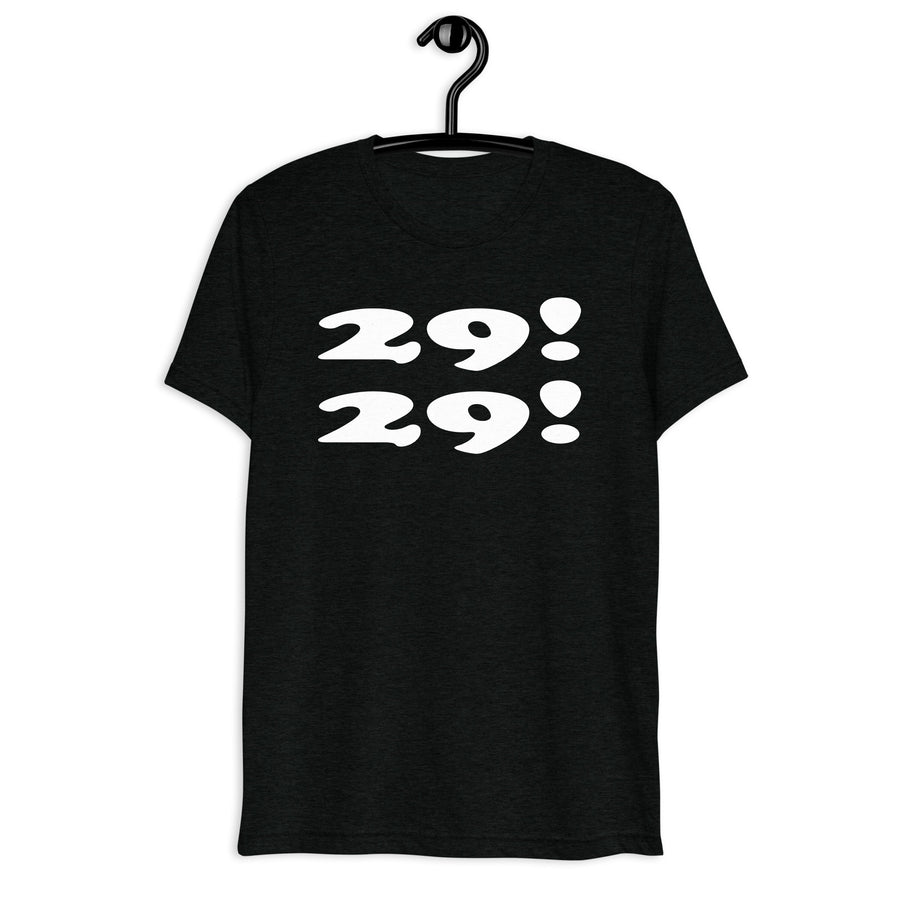 Black tri-blend shirt on front hanger with 29! 29! quote