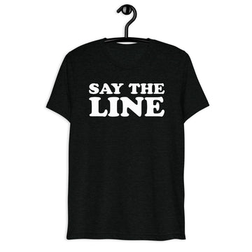 Front hanger mockup of the black tri-blend Say the Line. Find Your People. Quote Club T-shirt