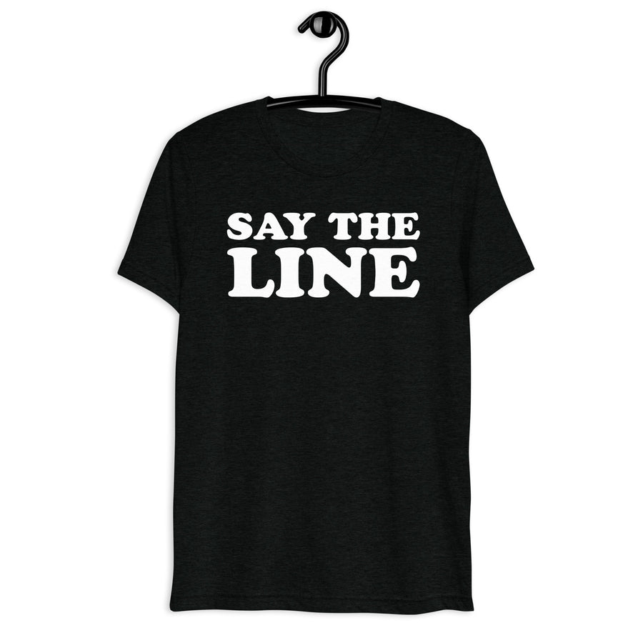 Front hanger mockup of the black tri-blend Say the Line. Find Your People. Quote Club T-shirt