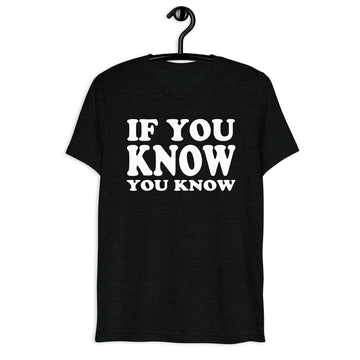 Front hanger mockup of the black tri-blend If You Know, You Know Quote Club T-shirt