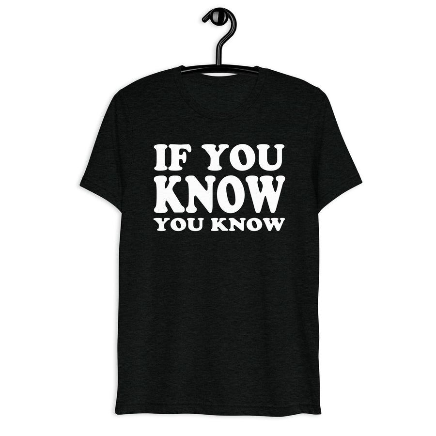 Front hanger mockup of the black tri-blend If You Know, You Know Quote Club T-shirt