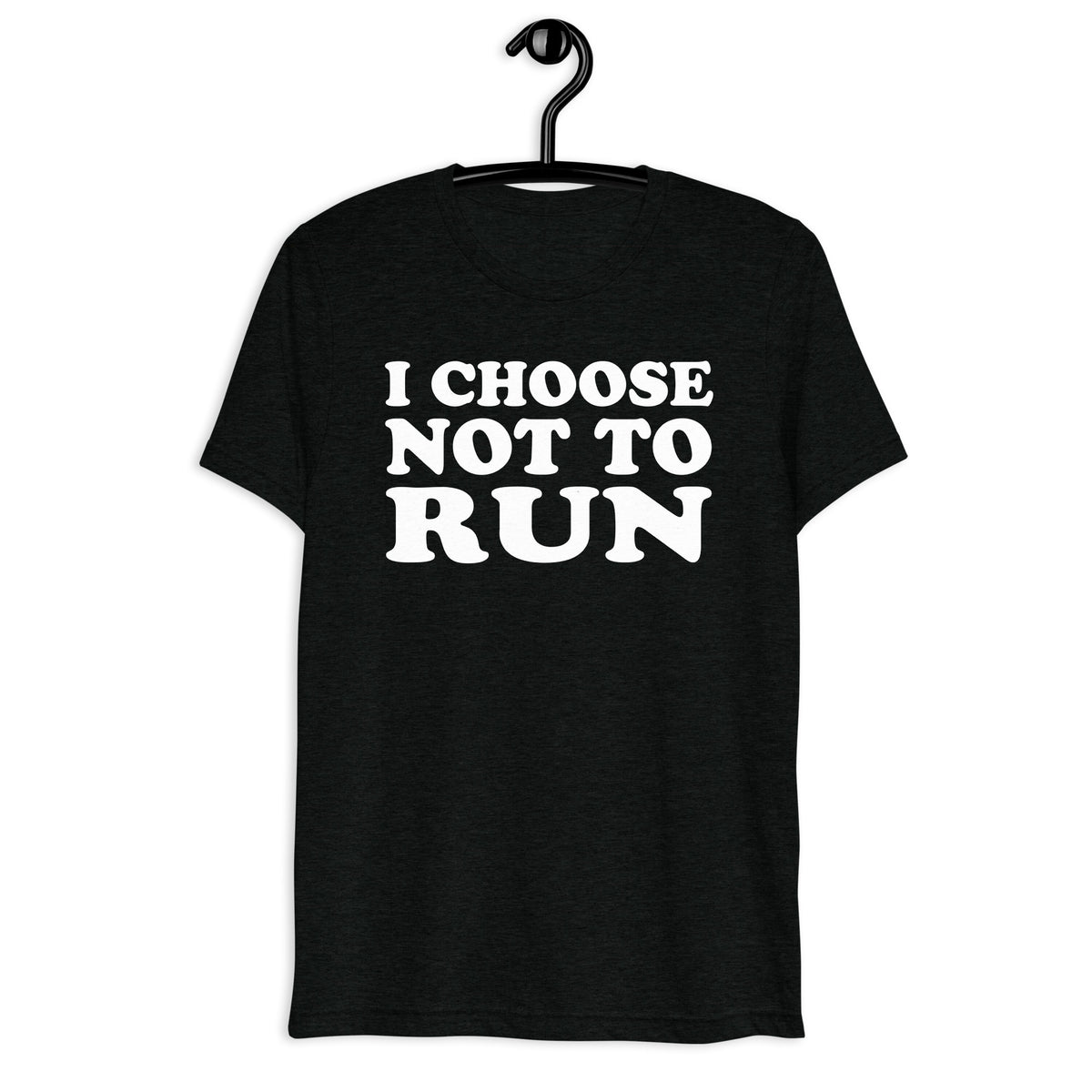 I Choose Not to Run Retro Sitcom Quote T-Shirt on black tri-blend, front hanger view