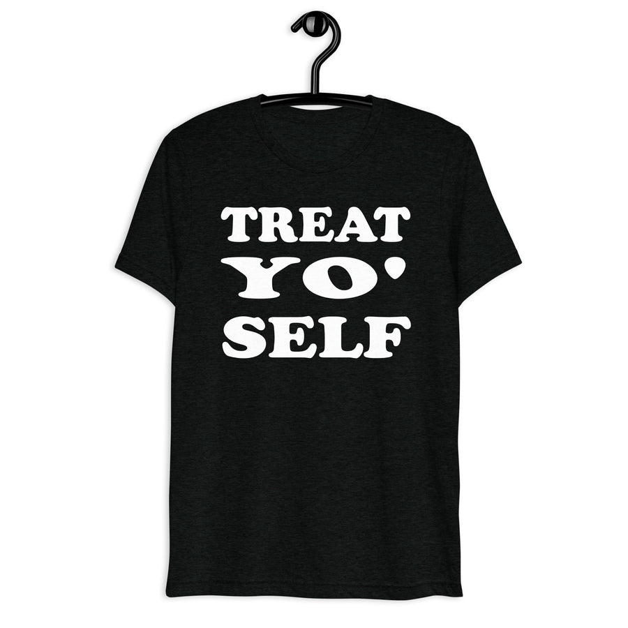 Front hanger mockup of the black tri-blend Treat Yo' Self quote T-shirt